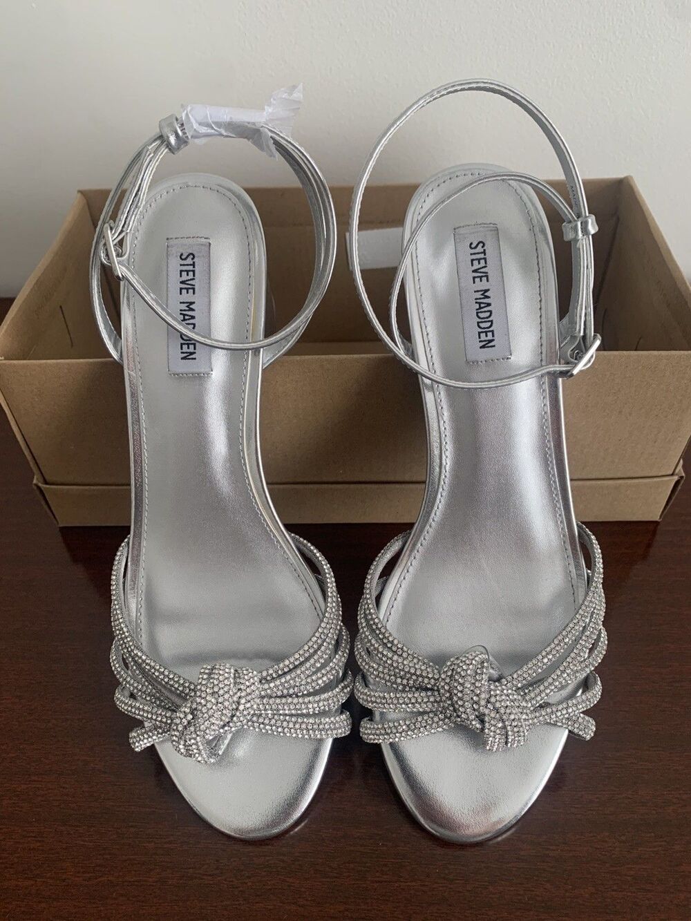 Steve Madden Ilyse-R Silver Rhinestone Strappy Block Heel Dress Sandals